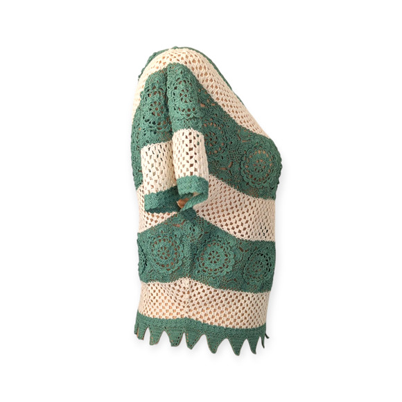 Cream & Sage Vintage Cotton Crochet Top ~ Shanghai Handmade Small - Picture 4 of 9